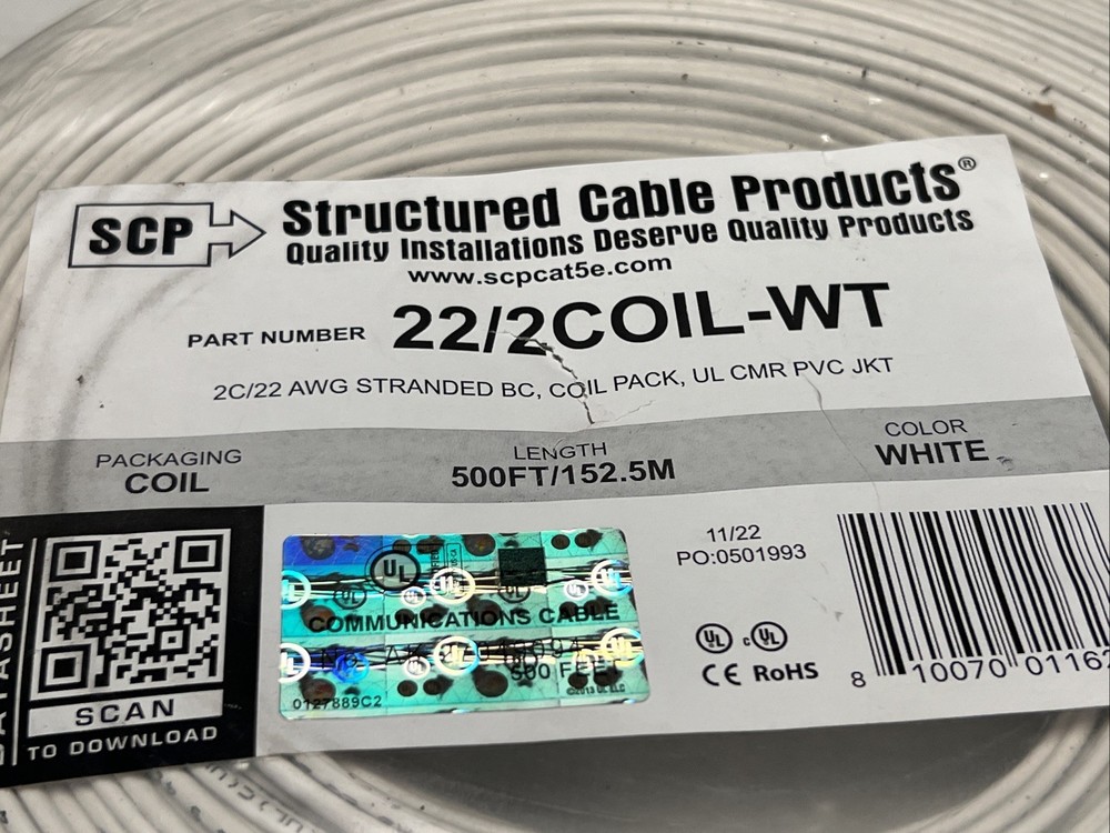 Structured Cable Products, SCP 22/2COIL-WT UNSHIELDED RISER 22 AWG 500ft