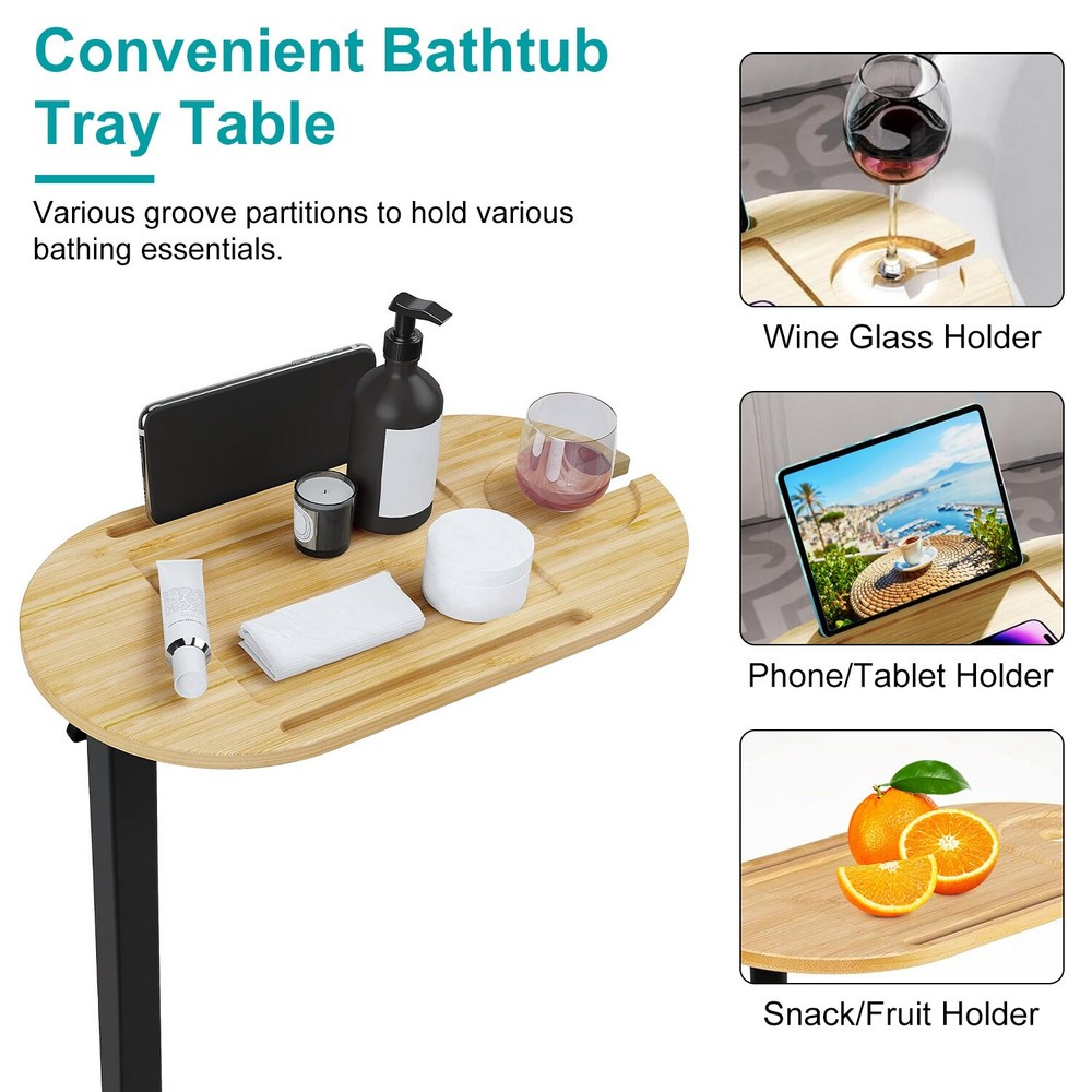 Bathtub Caddy Tray Adjustable Bamboo Side Table Bath Tub Table w/ Tablet Holder