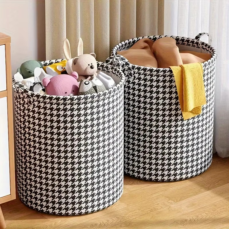 Foldable Houndstooth Laundry Hamper, Modern Fabric Storage Basket with Handle, V