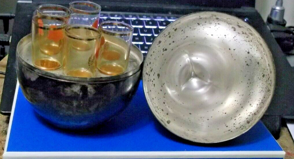 ANTIQUE DECANTER WITH GLASSES INSIDE, PEAR-SHAPE, SILVER? SILVERPLATE? STUNNING