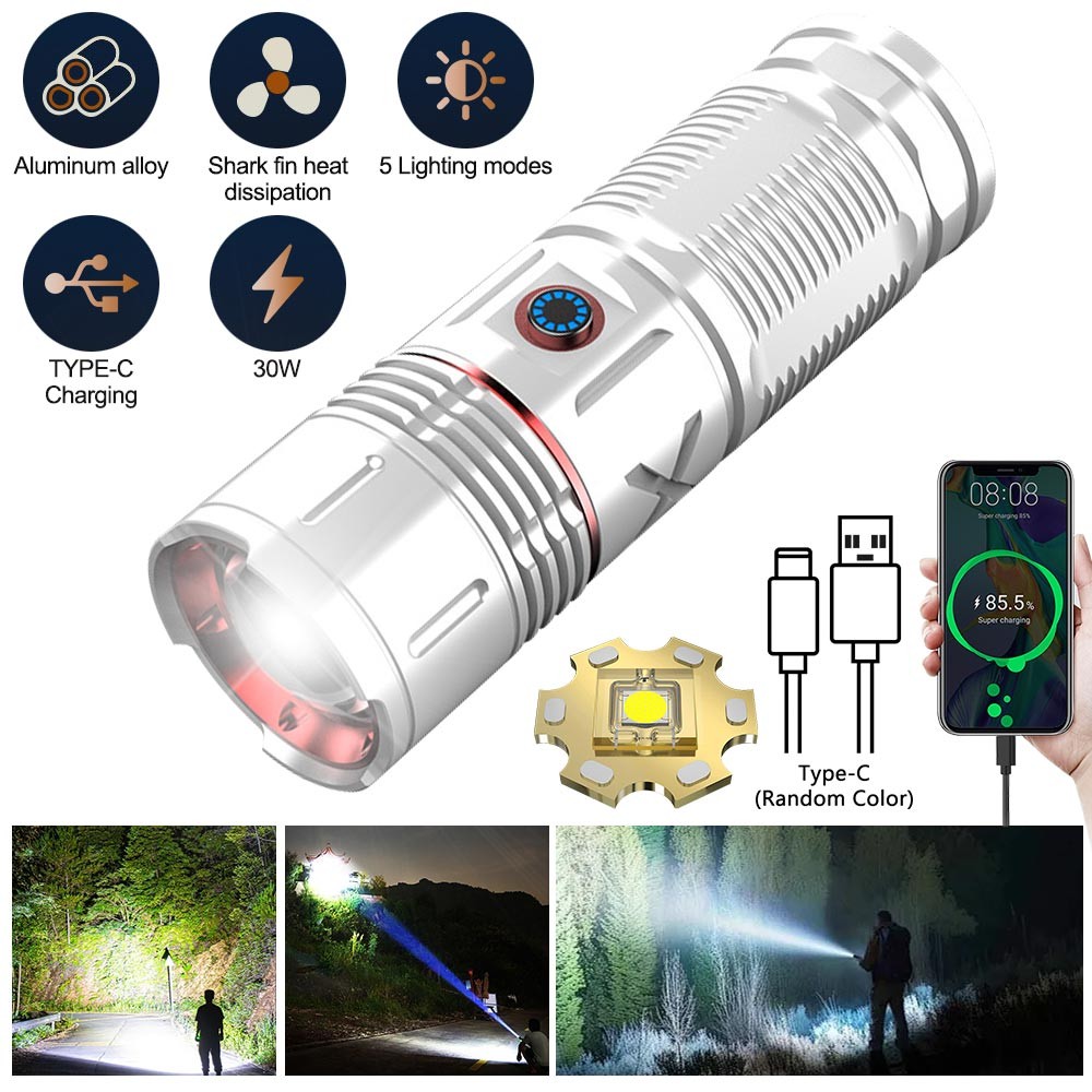 Laser White LED Flashlight TYPE-C Charging Super Bright Torch Zoomable Light US