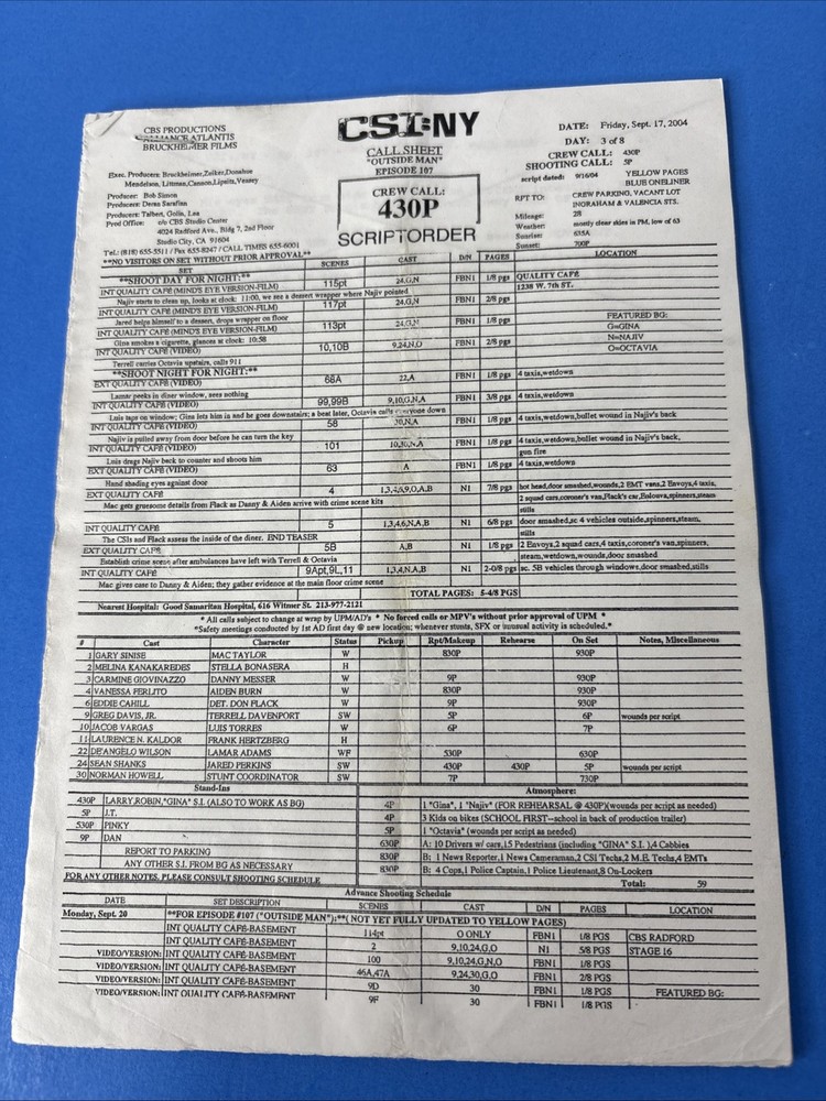 CSI NY Call Sheet & Script Order S1 Ep. 6 "Outside Man" Gary Sinise 2004 TV