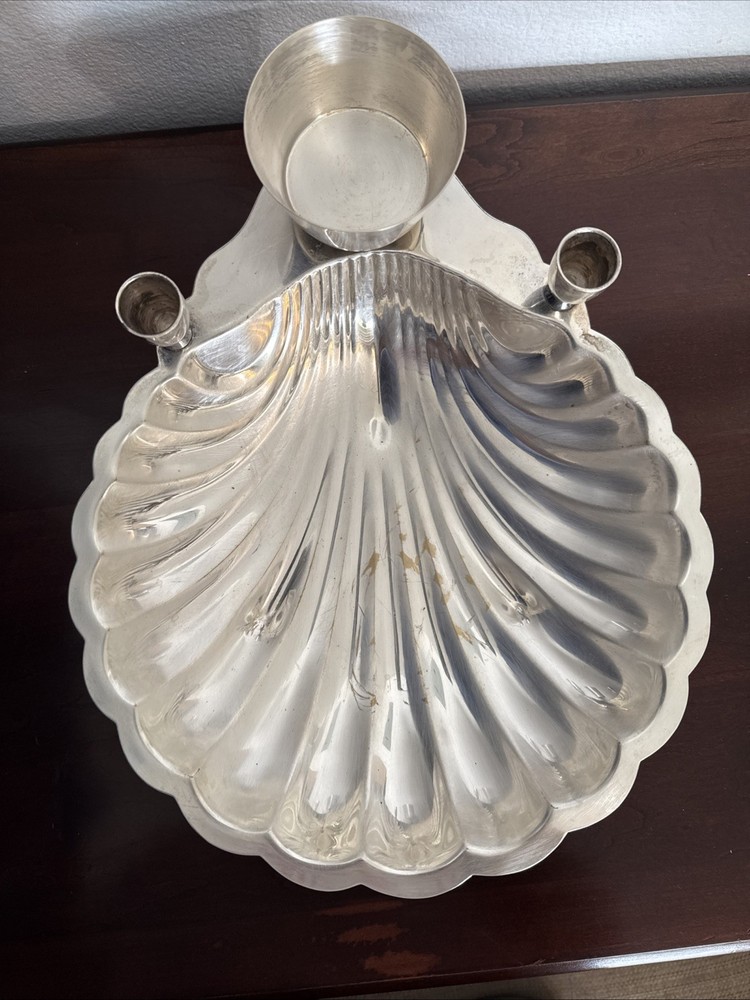 Silver Plated Sea Shell Bowl & Candle Holder  Clam Shell Footed Dish Vintage