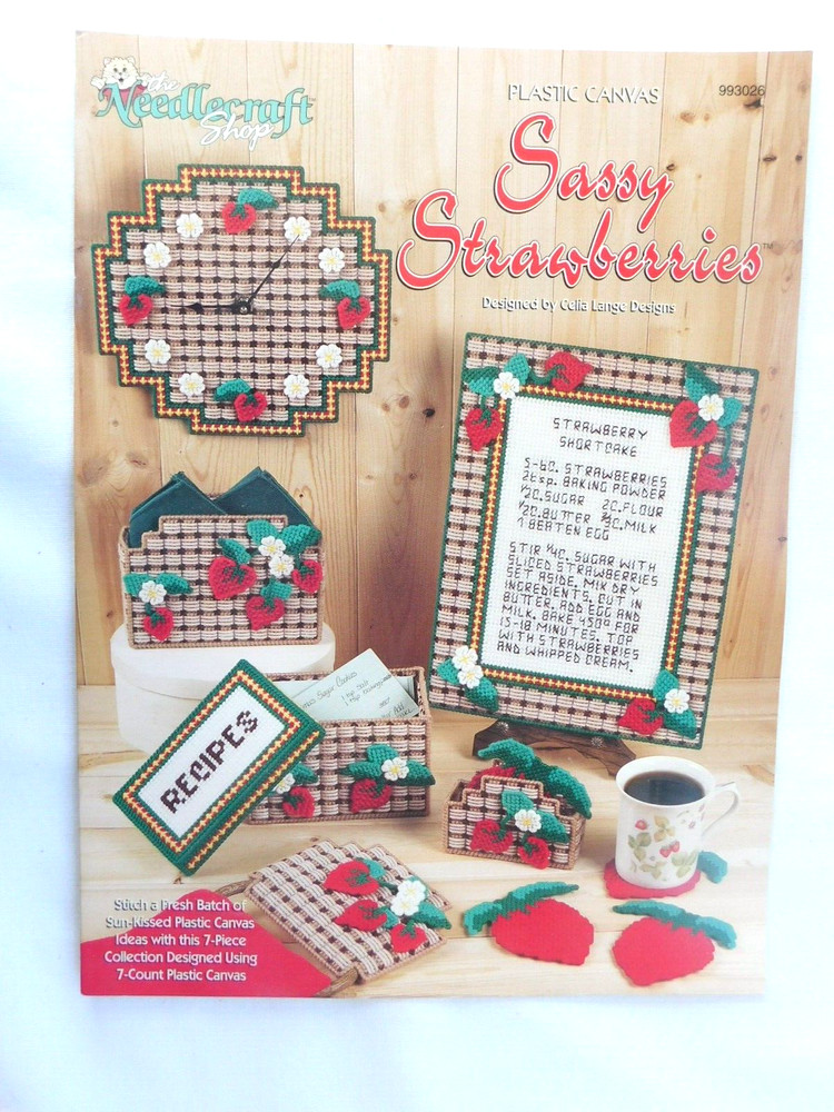 Plastic Canvas Pattern "Sassy Strawberries" Recipe Box, Coasters, Frame +