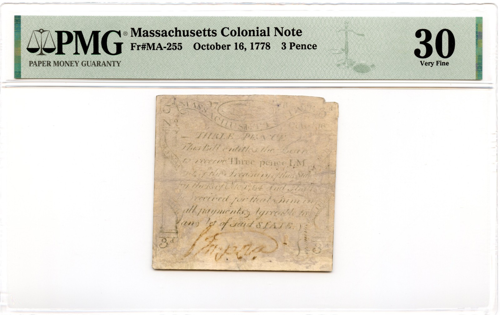 Massachusetts Colonial Note Fr#MA-255 October 16, 1778 3d PMG VF-30 *Paul Revere