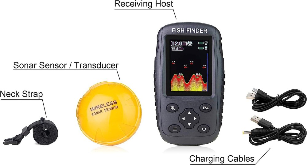 Portable Rechargeable Fish Finder Wireless Sonar Sensor Depth Locator Fish Size