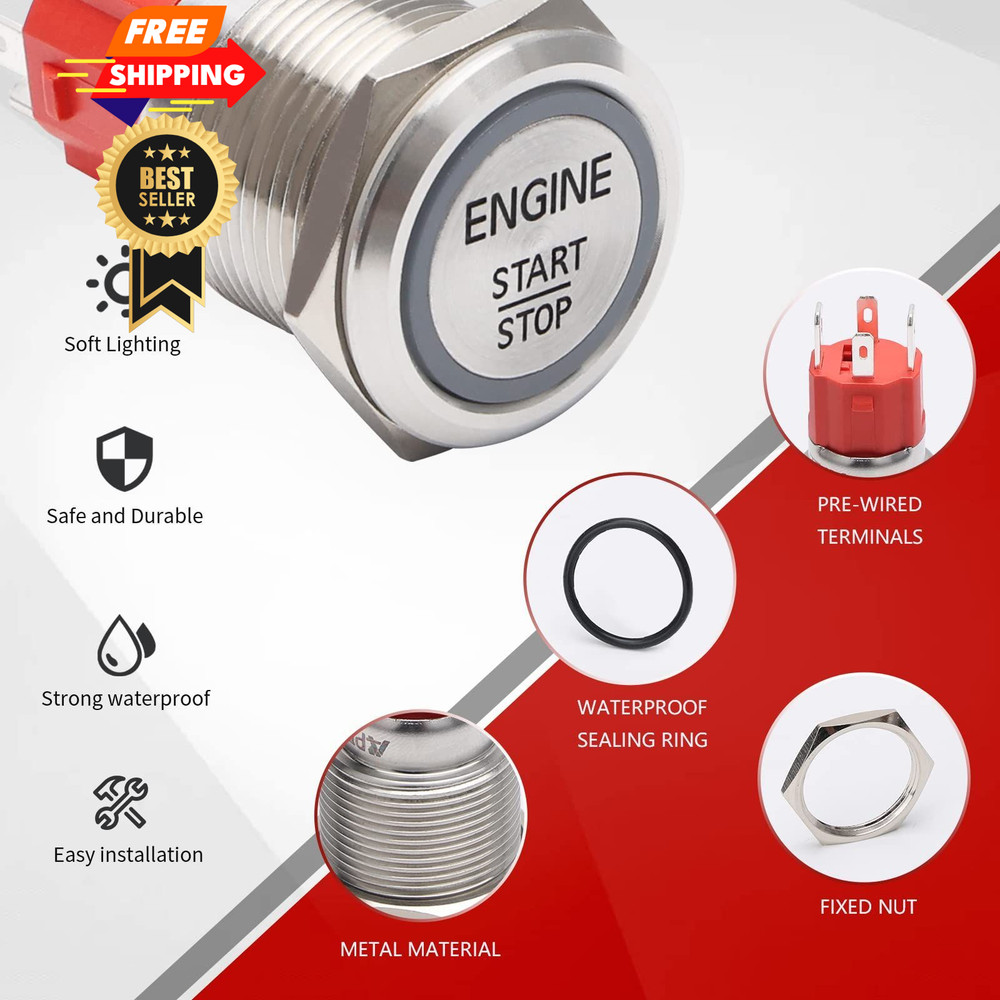 APIELE Push Start Ignition Switch, Off-(ON) Momentary, Silver Shell-Green