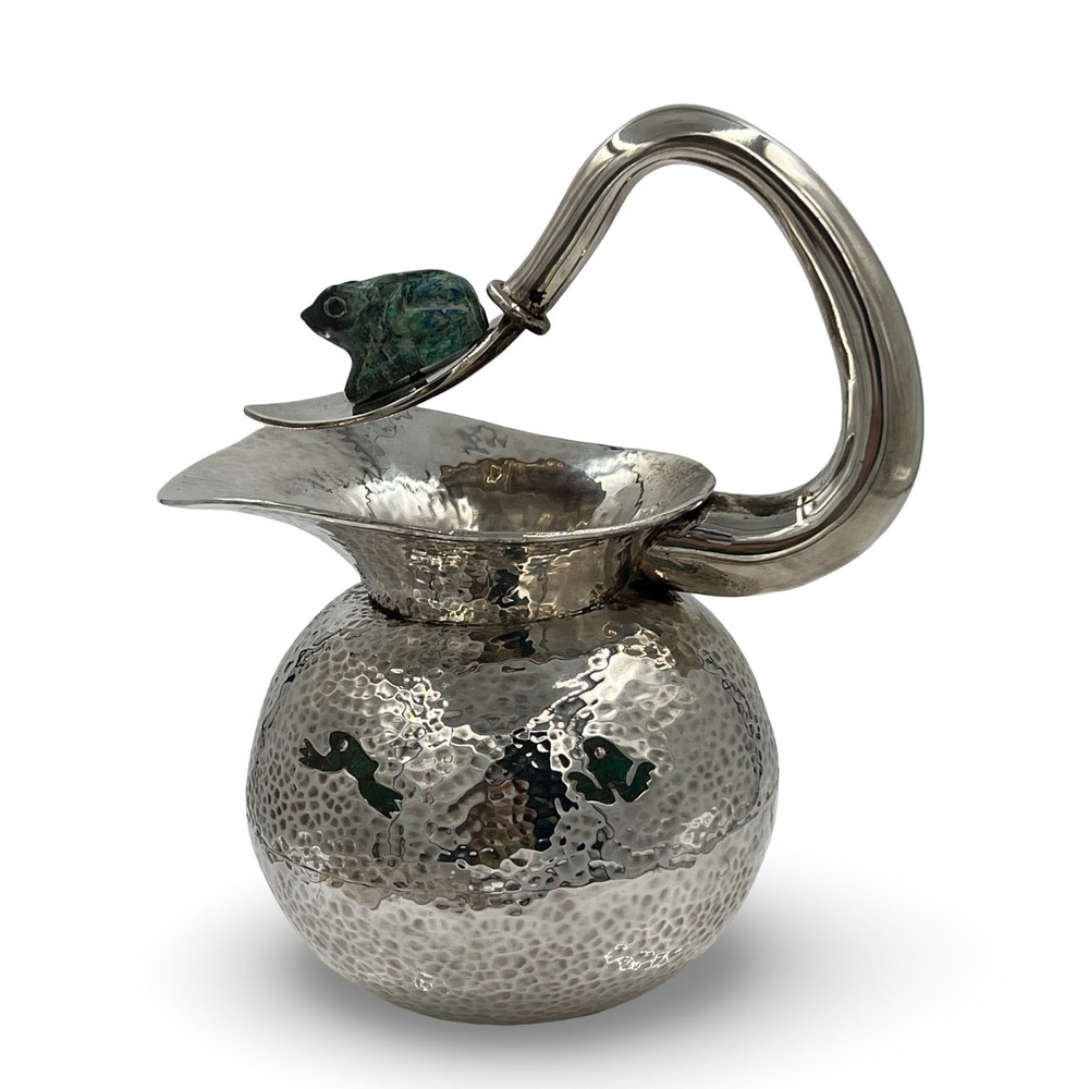 Los Castillo Hammered Silver Pitcher With Malachite Frog Accent & Decorative Inl
