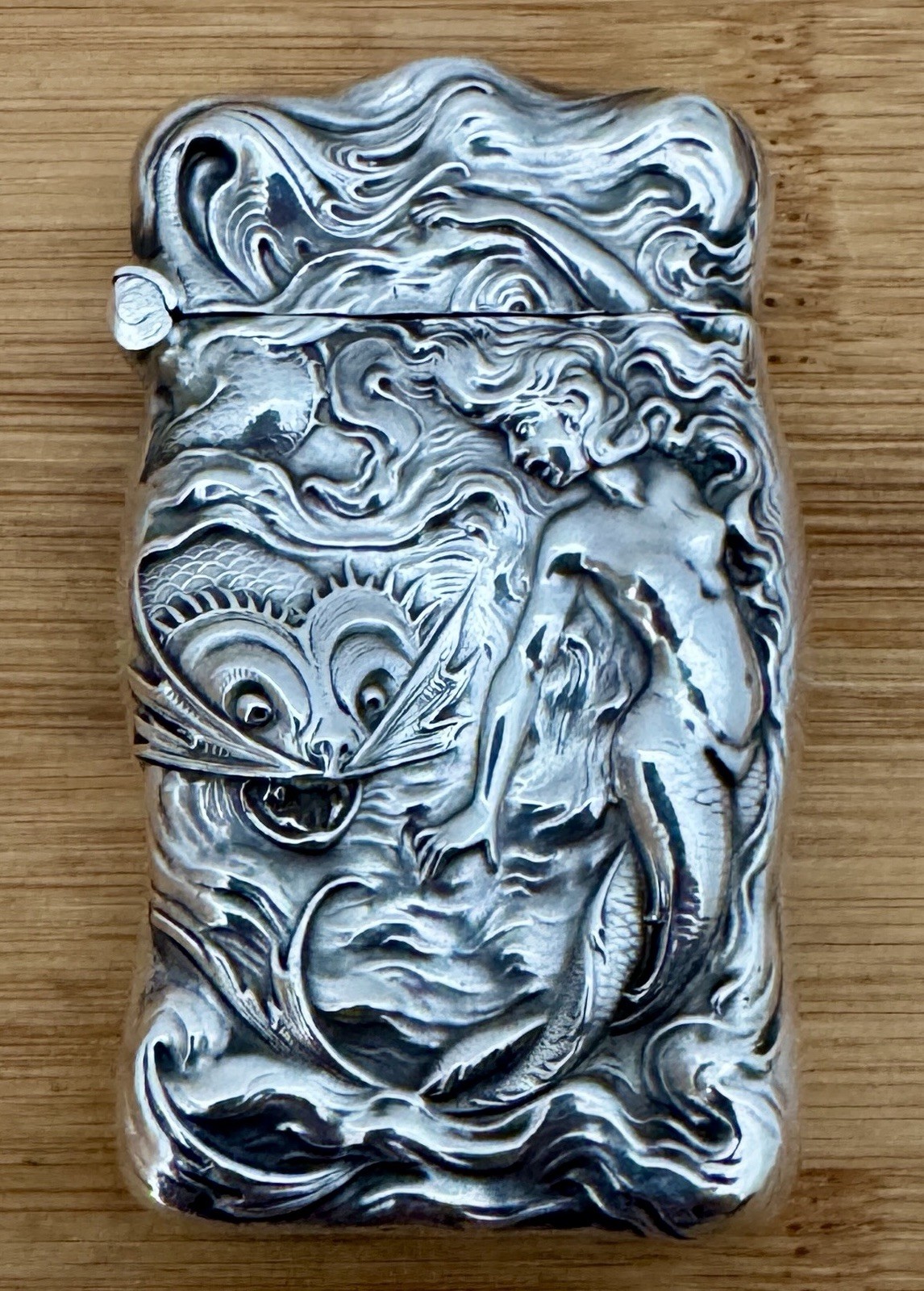 VERY RARE UNGER BROTHERS STERLING  MERMAID AND CATFISH MATCH SAFE VESTA C. 1905