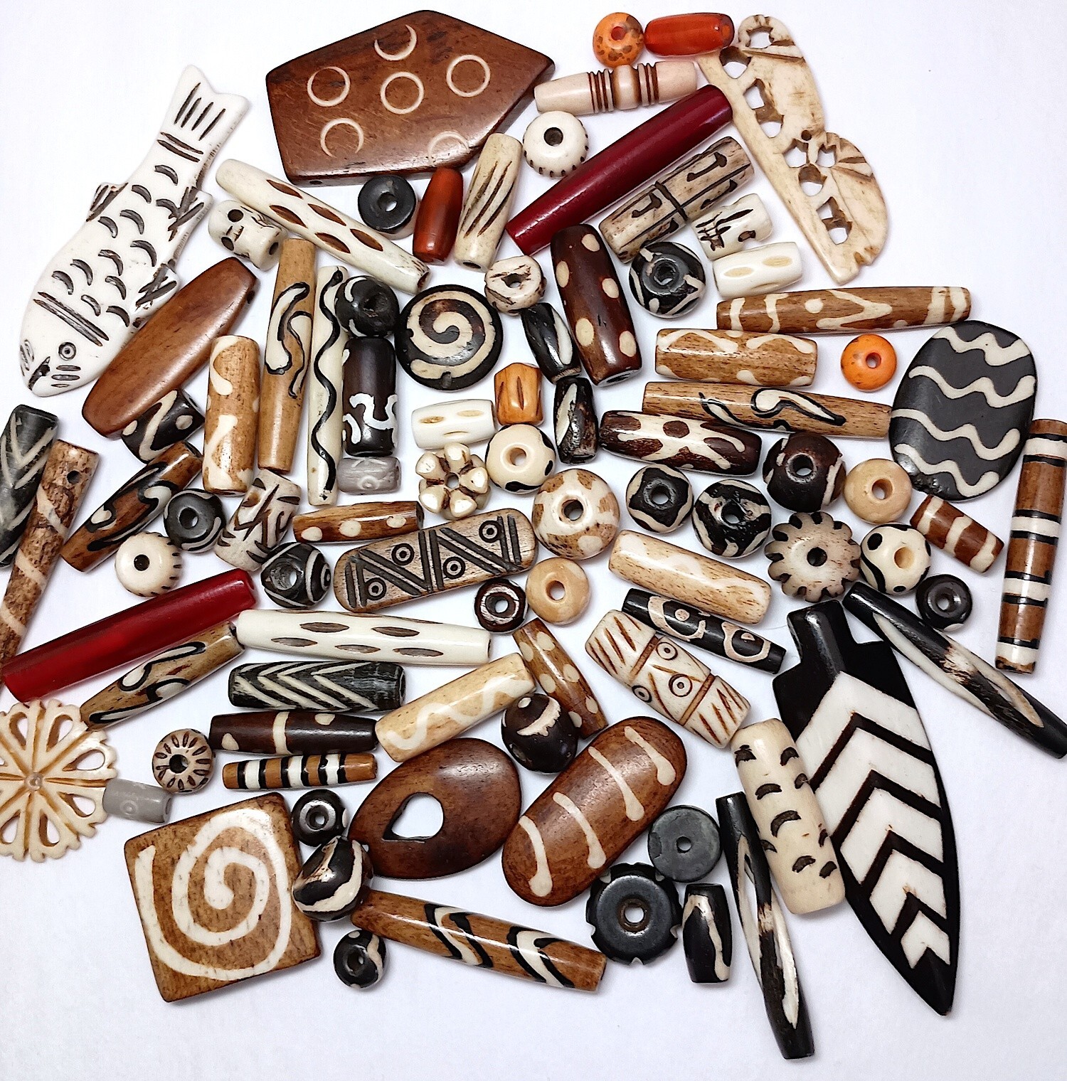 Buffalo Bone Beads, 76 Pcs, 32 Spacers, 40 Larger, 4 Pendants, Pairs and Singles