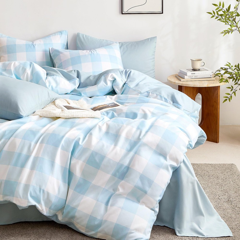 Wake In Cloud - Gingham Comforter Set, Plaid Buffalo Full, Light Blue White