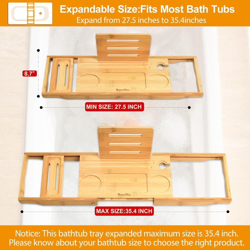 Luxury Expandable Bamboo Bathtub Tray - Rectangular Bath Natural Wood