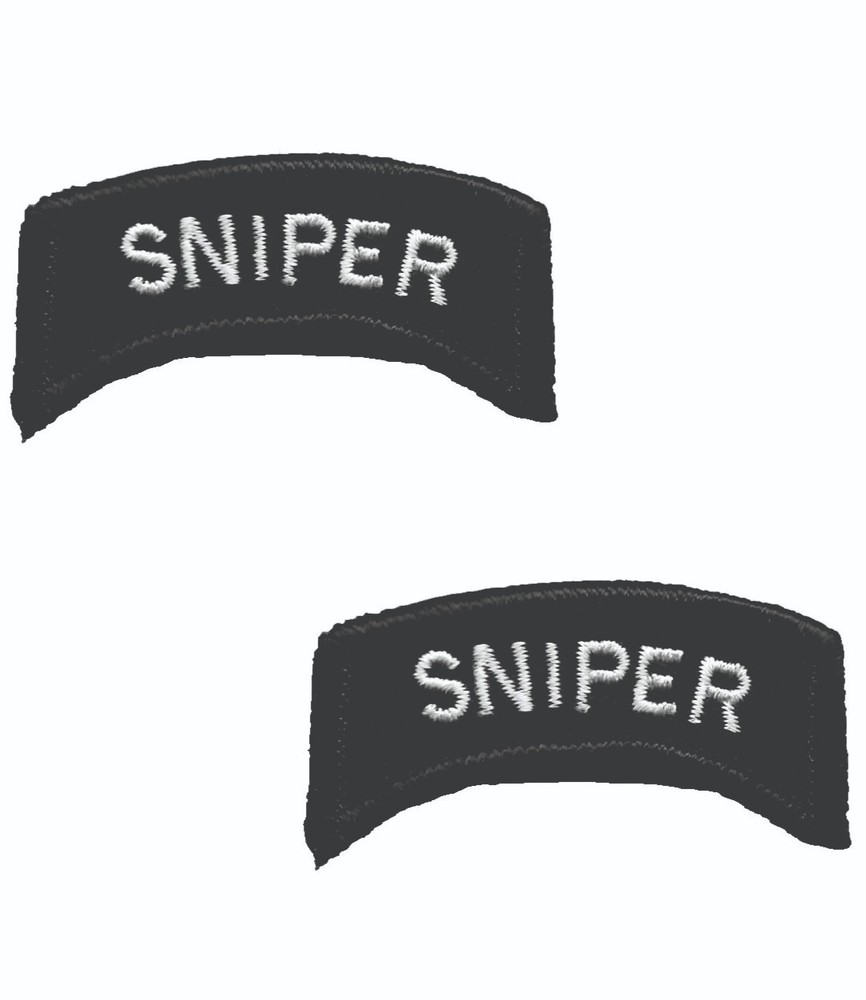 SNIPER Tab Patch Set Hook Back White on Black Tactical Morale Badge Pair