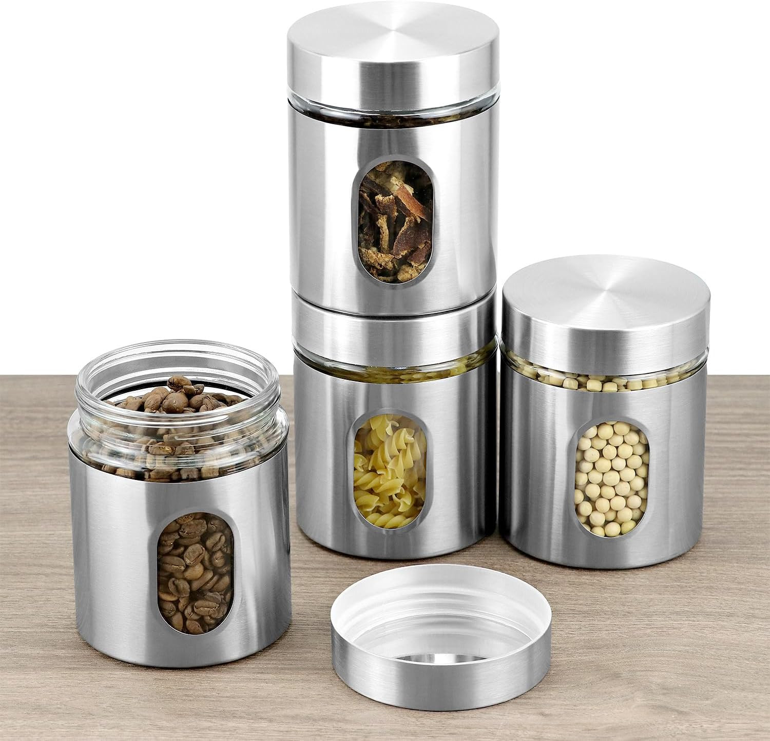 6 Pack 20 Oz Stainless Steel Glass Kitchen Canisters Set, Airtight Food Storage
