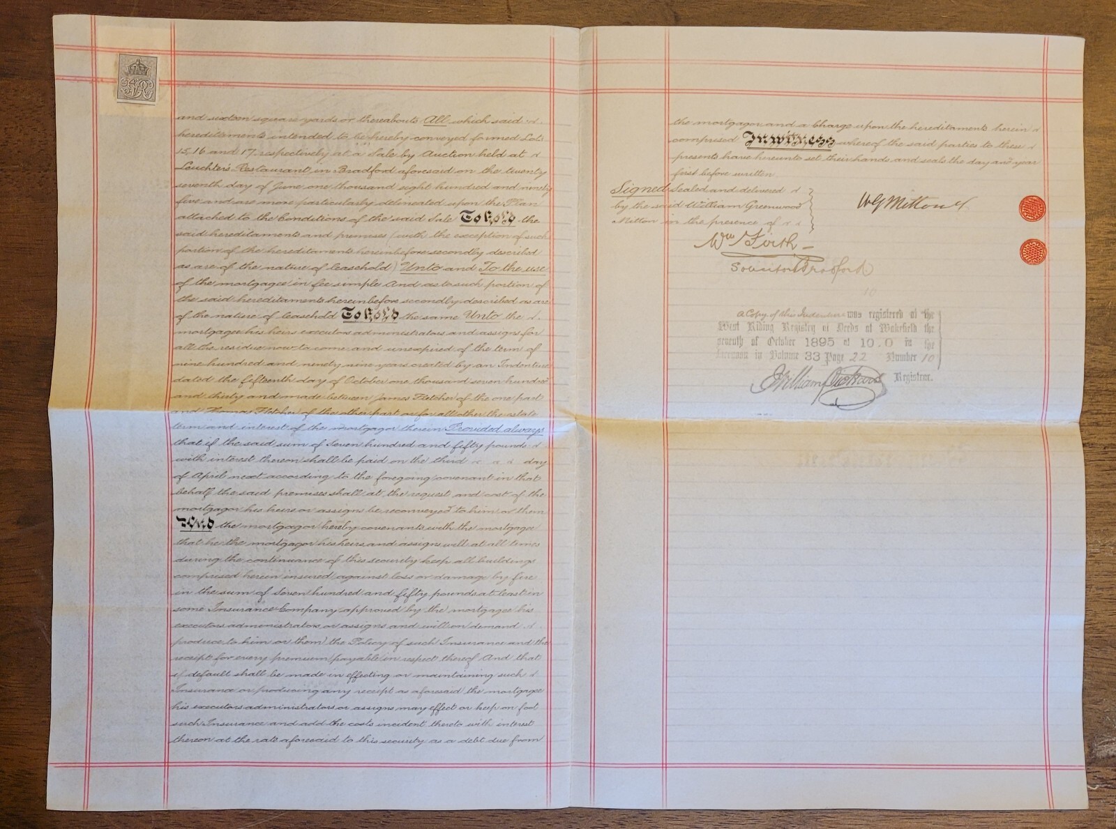 1895 Vellum Indenture. W. G. Mitton To J. Mitchell Re: Town St, Eccleshill & ...