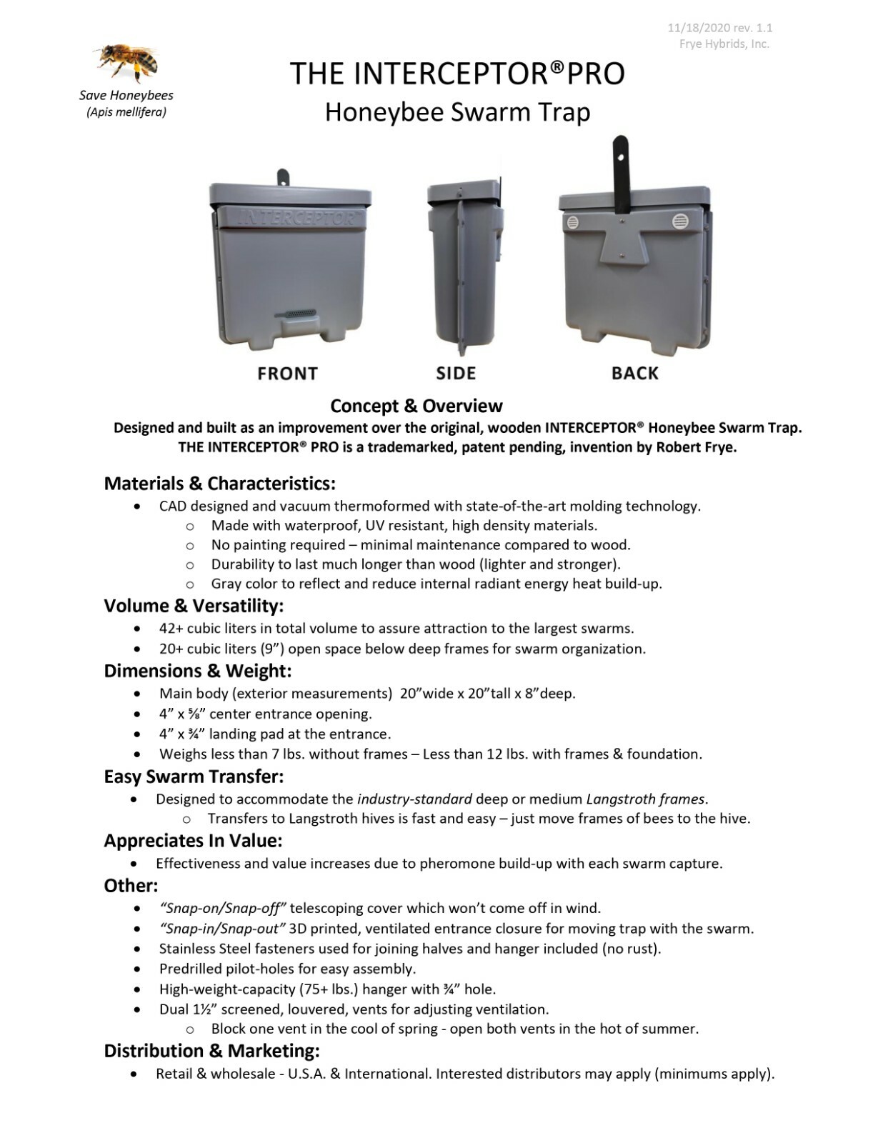 Honeybee Swarm Trap-THE INTERCEPTOR PRO-bait hive, bee equipment, lure, trapping