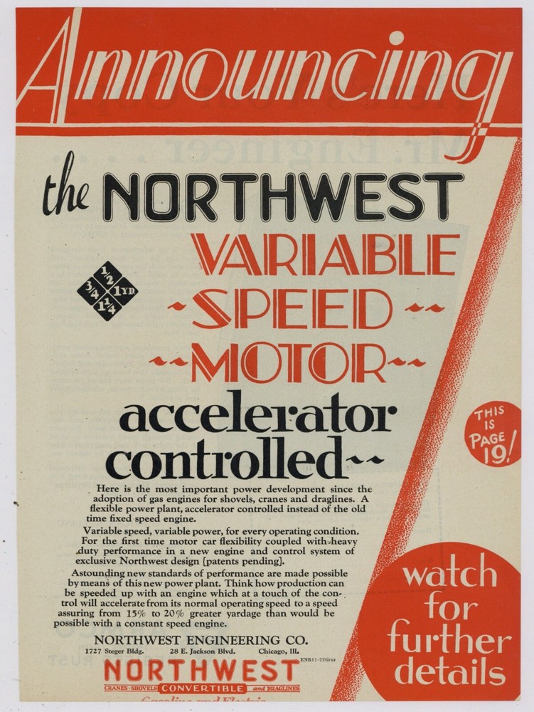 1928 Northwest Engineering Ad: Variable Speed Motor Shovel, Crane, Dragline