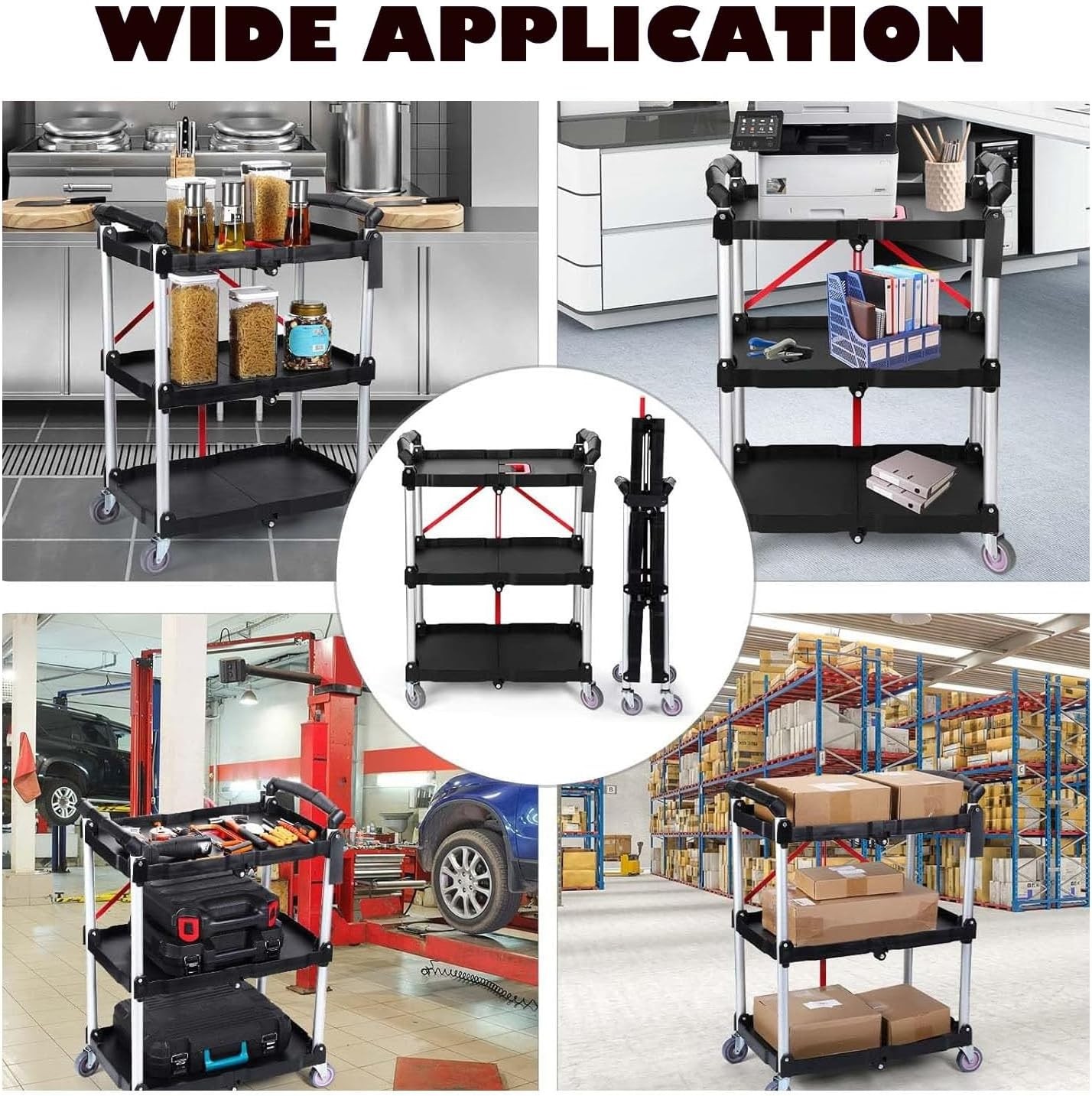 3 Tier Folding Service Cart Utility Trolley w/ Wheels Collapsible Aluminum Frame