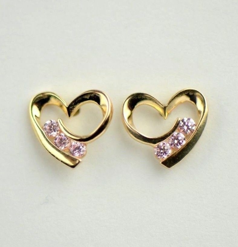 14k Solid Yellow White Gold Heart Shape CZ Stud Earrings