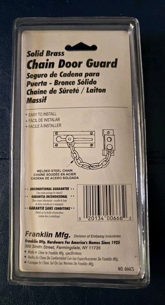 Solid Brass Chain Door Guard By Franklin MFG Hardware Home & Office Security New