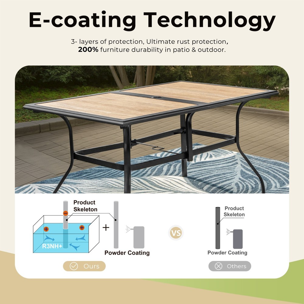 Outdoor Dining Table with Umbrella Hole Rectangular Patio Table for 4-6 Person