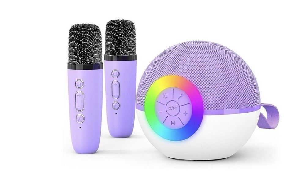 Goopow Mini Karaoke Machine, Bluetooth Speaker, 2 Mics, Purple