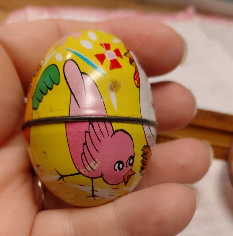 VINTAGE EGG CANDY TIN 2.25" CONTAINER EMPTY MADE IN Hong Kong
