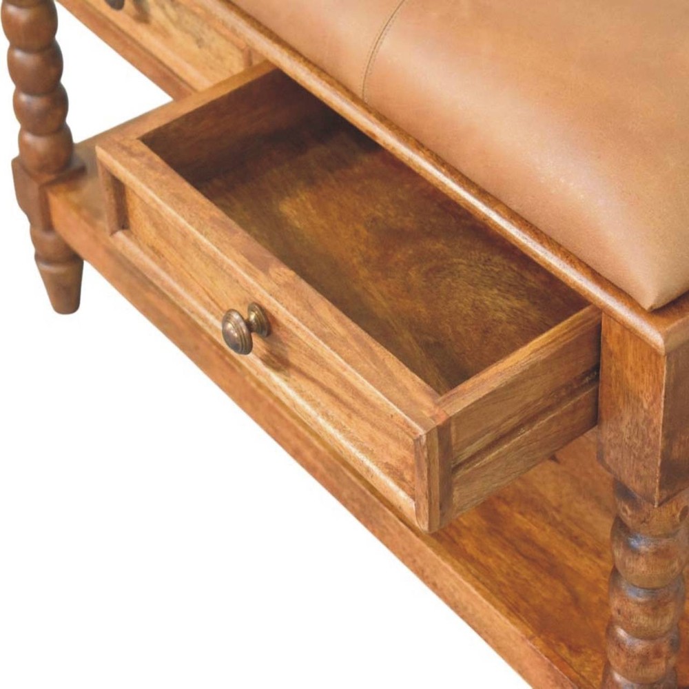 Leather Spindle Storage Bench - Amber Oak