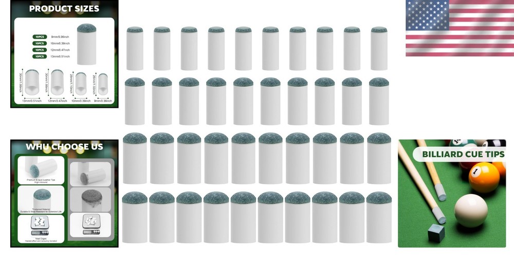 40-Piece Pool Cue Tips Set - No Glue, Fast-Fix Solution Included
