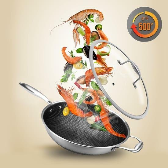 NutriChef 12'' Durable Wok Set with DAKIN Etching Non-Stick Coating - Silver