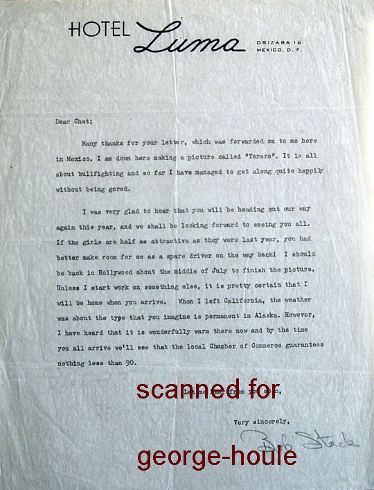 ROBERT STACK - LETTER - SIGNED - ELIOT NESS-  MEXICO