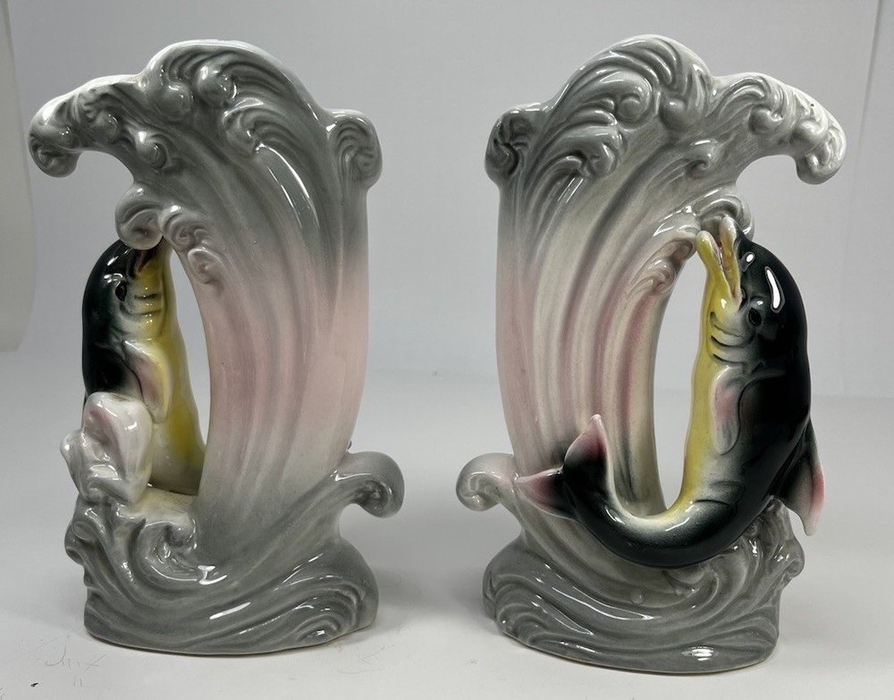 Pair Vintage Lefton Ceramic Vases Dolphins In A Wave