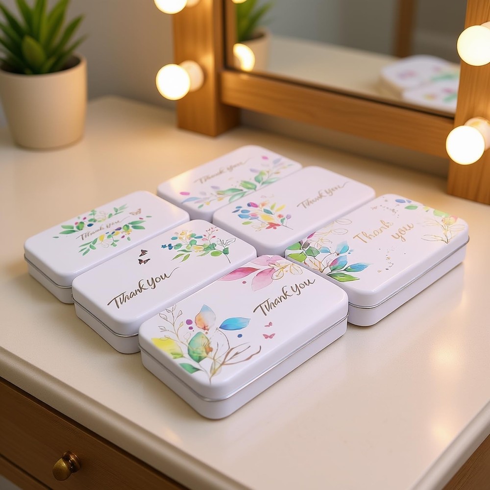 Rectangular White Metal Empty Hinged Tins Containers with Thank You Image Pat...