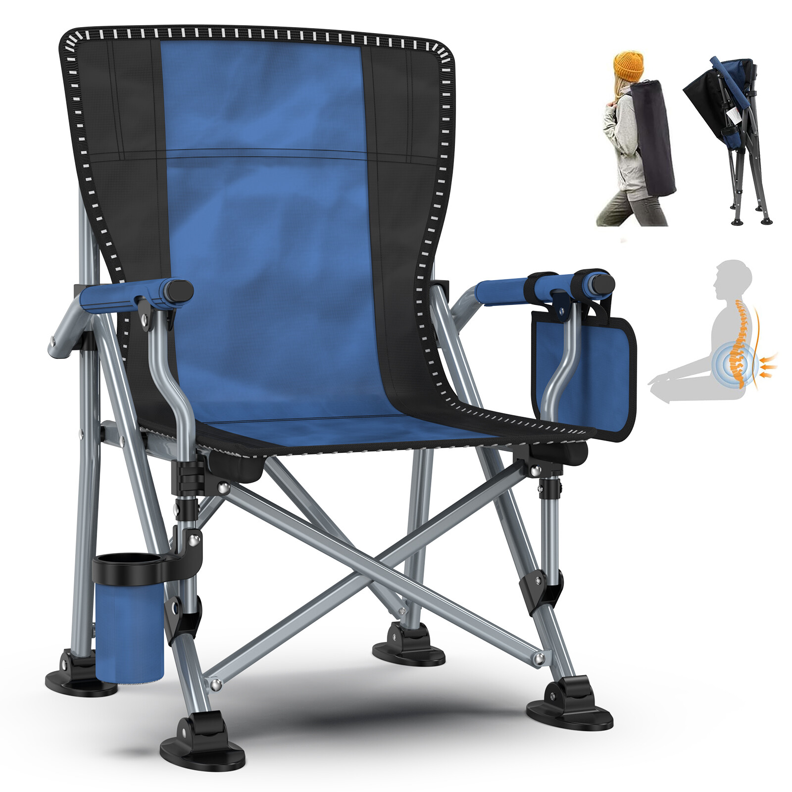 Blue Portable Camping Chair Heavy Duty Folding Chair w/ Cup Holder Oversized