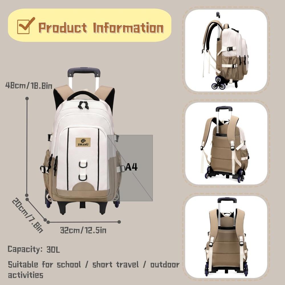 Rolling Backpack Boys Elementary Middle Junior School 6 Wheels Grey Bookbag