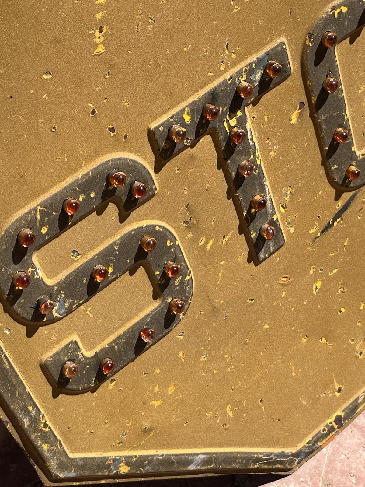 Vintage Early Yellow Stop Sign Embossed Steel Heavy 24" × 24" Cat Eyes