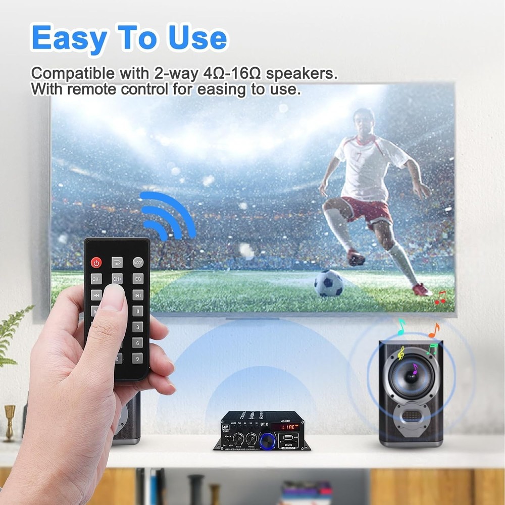 Powerful 2.0 CH AK-380 Bluetooth Amplifier with USB, AUX & Remote Control