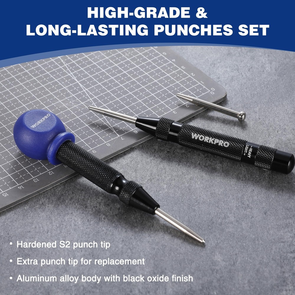 WORKPRO 2PCS Automatic Center Punch Adjustable Spring Loaded Center Punch USA