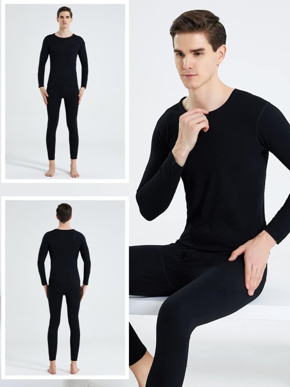 Men's Thermal Underwear Set Cashmere Silk Lining Pajama Set Long Johns Soft