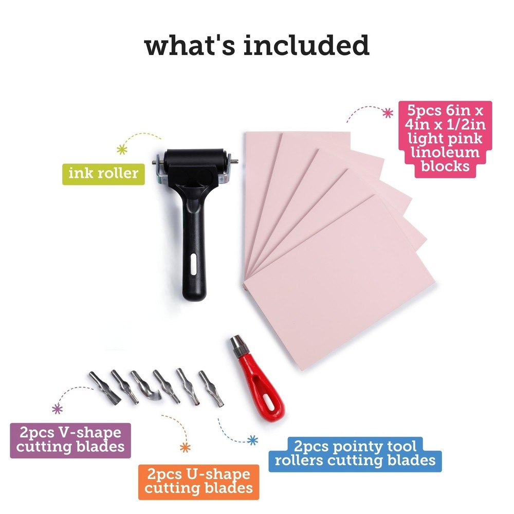 Linocut Block Printing Kit – Includes 5 Soft 4" x 6" Blocks and Carving Tools...