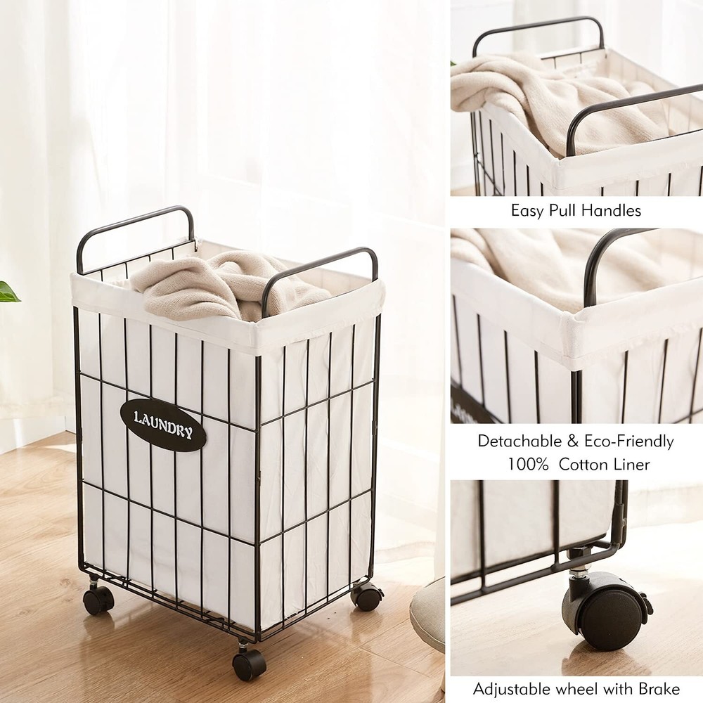 Mxfurhawa Iron Wire Laundry Hamper With Rolling Lockable Wheels, Folding Laun...