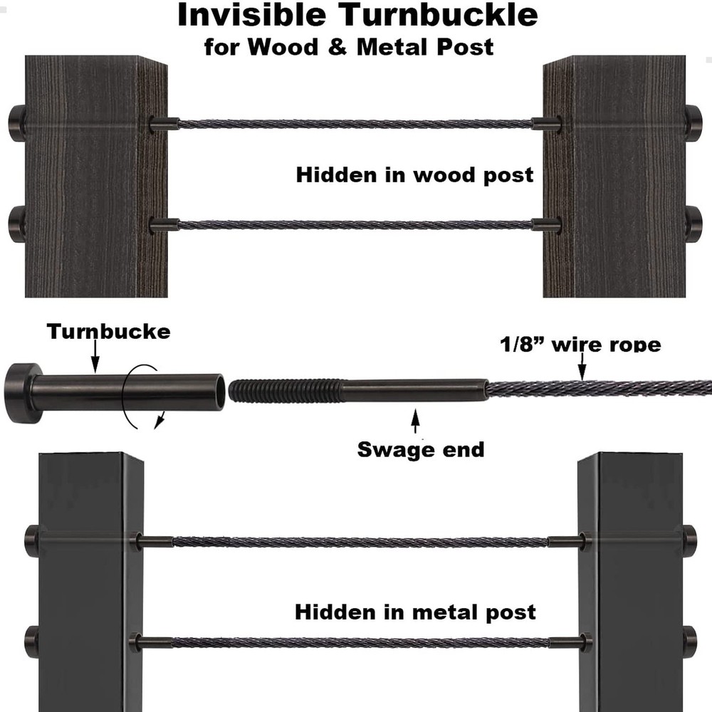 Cable Railing Hardware, Black Invisible Cable Railing Kit/Turnbuckle for Wood...