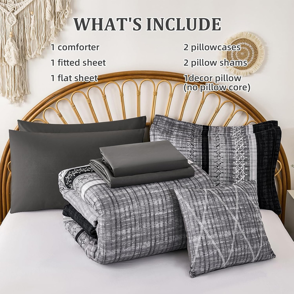 Black Comforter Set Queen Size, 8 Pieces Boho Striped Bed in a Bag Soft Microfib