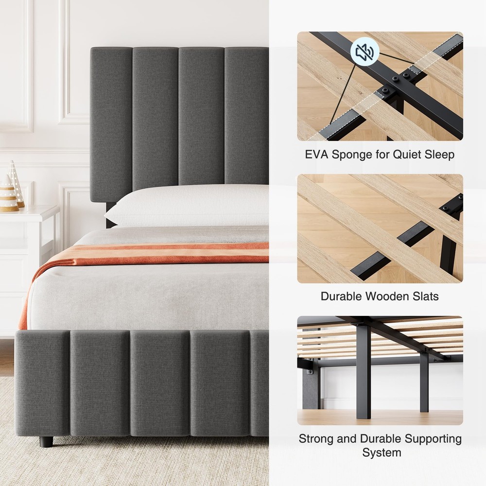 Queen Size Bed Frame with 4 Storage Drawers, Adjustable Height Headboard, Lin...