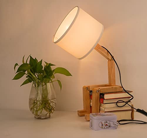 Robot Bedside Lamp, Fabric Lampshade Match Foldable Solid Wood Body, Modern