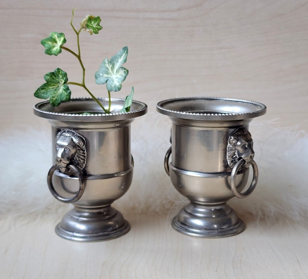 🌿 Pair Of Vintage EALES 1776 Lion's Head Metal Pot Silverplate 3" bucket Urns