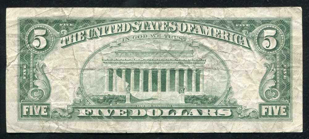 1963-A $5 *STAR* FRN FEDERAL RESERVE NOTE "PARTIAL BACK TO FACE OFFSET ERROR"