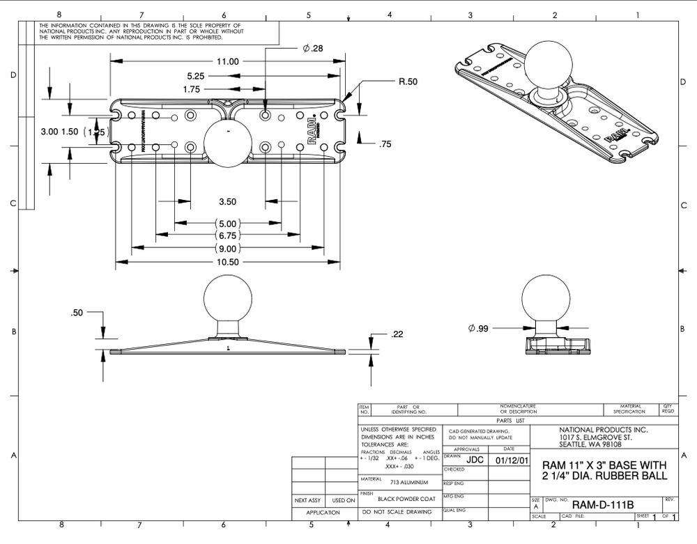 RAM-D-111U-C Ram Mounts 2.25″ Diameter Ball Mount with 11″ X 3″ Rectangular Base
