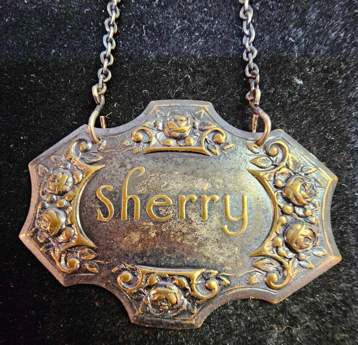 Victorian Sherry Decanter Label tag 2-tone gold silver 3D embossed rose flower