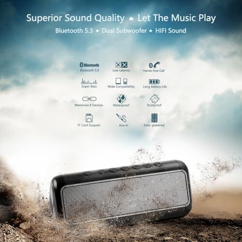 Solar Bluetooth Speaker Portable，5000mAh Wireless Speaker，IPX6 Waterproof